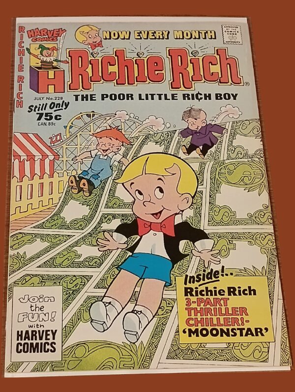 Richie Rich #228 (July 1988, Harvey Comics) – “Moonstar” 3-Part Thriller + Dollar Bill Rollercoaster Cover!