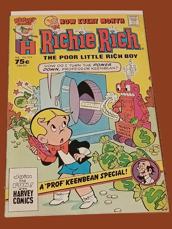 Richie Rich #223 (Feb. 1988, Harvey Comics) – Prof. Keenbean Special with Vault Robot Chaos!